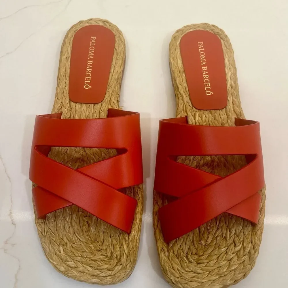Paloma Barceló Coral/Orange Leather Espadrille Slide Sandals Made in Spain EU 36